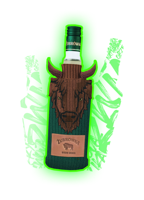 Żubrówka Bison Grass bottle wearing the Bison Sleeve
